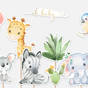 Safari Animals Centerpieces Baby Shower Wild Jungle Greenery Oh Baby Giraffe Zebra Elephant Decor Cutouts Cake Topper Printable Digital