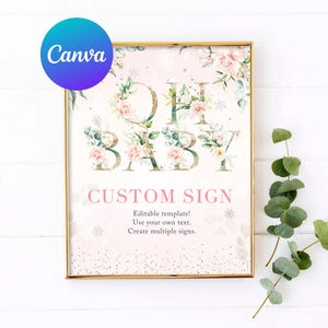 Baby Shower Custom Sign Girl Winter Wonderland Decoration Pink and Gold Floral Decor Outdoor Yard Sign  Editable Template Printable