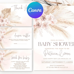 Ensemble d'invitations florales pour baby shower bohèmes, fleurs séchées, herbe de la pampa, carte de demande de livre de tombola de couches-culottes modifiable, bohème, imprimable