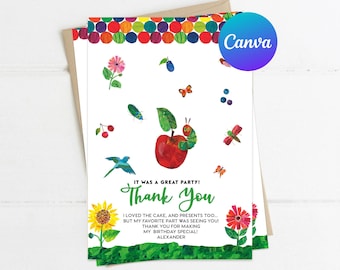 Very Hungry Caterpillar Thank You Card First Birthday Party Decoration Digital Printable Editable Template