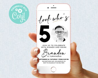 Look Who's 50 Birthday Invitation Simple Black and White Photo Fiftieth Invite Digital Mobile Phone Electronic Email SMS Editable Template