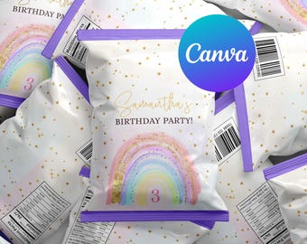 May include: Purple and white treat bags with a rainbow and gold glitter design. The bags have a label that says "Samantha's Birthday Party!" and a number 3.