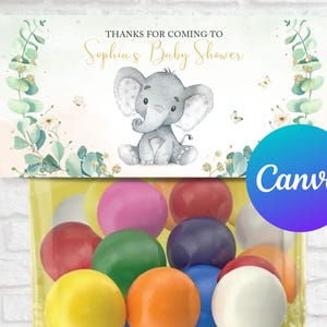 Elephant Baby Shower Bag Topper Template Oh Baby Cute Little Peanut Floral Greenery Gold Printable Editable Digital Instant Download