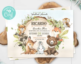 Woodland Animals First Birthday Invitation Calling All Party Animals Invite Cute Forest Greenery Printable Editable Template Digital Printed