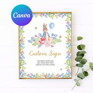 Peter Rabbit Baby Shower Custom Sign A Little Bunny Floral Greenery Blue Balloon Outdoor Yard Sign Editable Template Printable