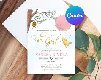 Classic Winnie the Pooh Baby Shower Invitation Girl Hunny Pink Balloon Invite Printable Editable Template Digital or Printed Invites