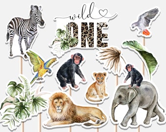 Centrotavola Wild One Primo compleanno Giungla Verde Safari Animali Festa Leone Tigre Zebra Scimmia Ritagli Torta Topper stampabile digitale