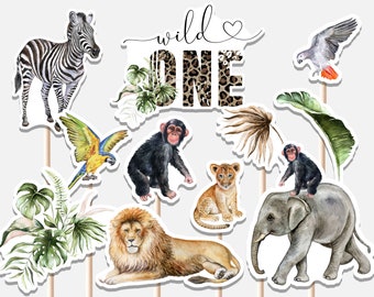 Wild One Centerpieces First Birthday Jungle Greenery Safari Animals Party Lion Tiger Zebra Monkey Cutouts Cake Topper Printable Digital