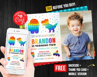 Pop It Birthday Invitation Boy Photo Picture Electronic Rainbow Thank You Card Pop Fidget Invite Editable Template Corjl Digital Printed