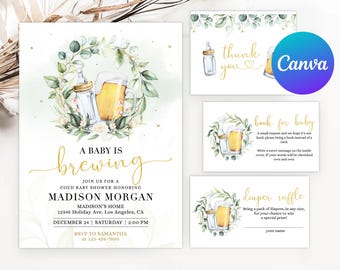May include: A baby shower invitation with a green and gold color scheme. The invitation features a watercolor illustration of a beer bottle and a baby bottle with a wreath of green leaves. The text reads "A baby is brewing" and includes the name "Madison Morgan".