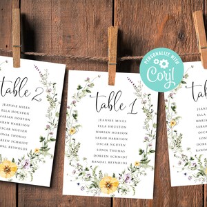 Bruiloft zitplaatsen grafiek kaartsjabloon tabelnummer bewerkbare digitale download of gedrukte wilde bloemen bloemenkrans Boho tuin land Corjl