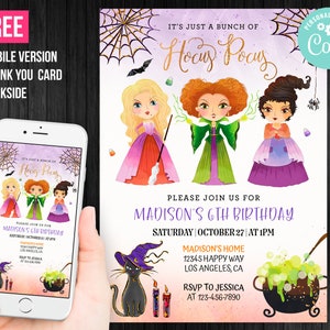 Könnte beinhalten: Lila, grün und rosa Hocus Pocus-Geburtstagseinladung mit einer schwarzen Katze, einem Kessel und Kerzen. Die Einladung lautet "It's just a bunch of Hocus Pocus" und "Please join us for Madison's 6th Birthday".