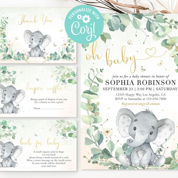 Elephant Baby Shower Invitation Oh Baby Cute Little Peanut Floral Greenery Gold Printable Editable Thank You Diaper Raffle Book Request Card