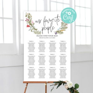 Bruiloft zitplaatsen grafiek sjabloon afdrukbare 12 tafels Plan bewerkbare digitale download of afgedrukte wilde bloemen bloemenkrans Boho tuin land