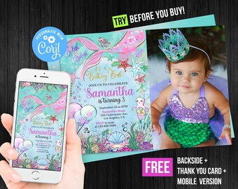 Mermaid Tail Birthday Invitation Photo Picture Instant Download Under the Sea Thank You Card Editable Template Digital Corjl Girl Watercolor