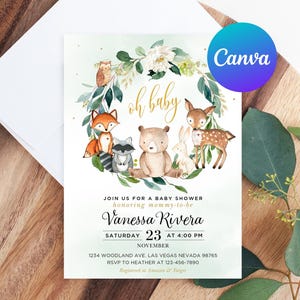 Woodland Animals Baby Shower Invitation Oh Baby Forest Greenery Floral Cute Cubs Fox Printable Editable Template Digital or Printed Invites
