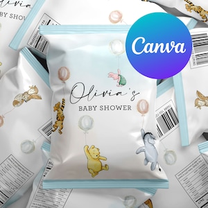 Baby Shower Chip Bags Classic Winnie the Pooh Decoration Editable Template Piglet Tigger Eeyore Balloons Printable Digital