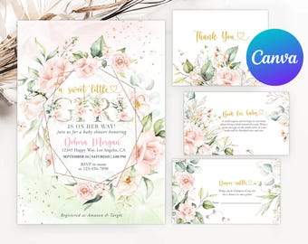 Blush Pink Floral Baby Shower Invitation Sweet Litle Girl Spring Flower Decor Printable Editable Thank You Diaper Raffle Book Request Card