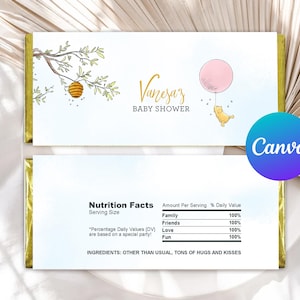 Baby Shower Girl Chocolate Wrapper Classic Winnie the Pooh Pink Balloon Decoration Hershey Bar Labels Editable Template Printable