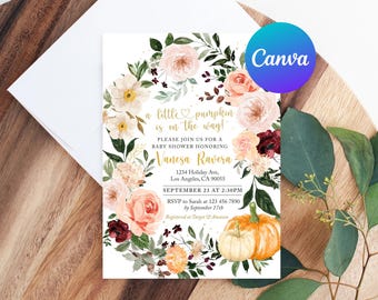 May include: Baby shower invitation with floral wreath and pumpkin illustrations. The invitation reads "a little pumpkin is on the way!" and includes details for Vanesa Ravera's baby shower, including date, time, and RSVP information.