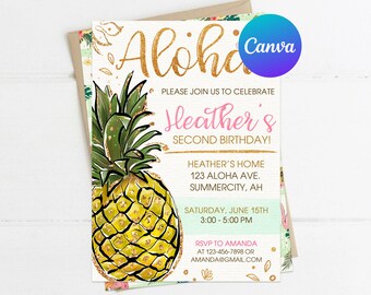 Pineapple Birthday Invitation Tropical Summer Aloha Party Invitation Luau Editable Template Instant Download Digital