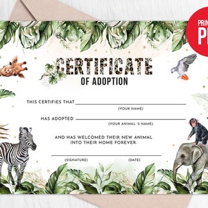 Adopt an Animal Adoption Certificate First Birthday Wild One Jungle Greenery Safari Animals Tiger Party Digital Printable Template