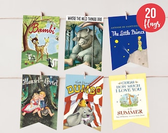 Libro de cuentos Baby Shower Banner Imprimible Bunting Decoración Digital Clásico Libro Cubiertas Descarga Instantánea Guirnalda DIY