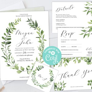 Wedding Invitation Suite Templates Set Printable RSVP, Thank You Card, Favor Tag, Details Greenery Eucalyptus Leaves Green Rustic Wreath