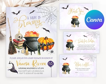 Puede incluir: Invitaciones y tarjetas para baby shower con temática de Halloween. La invitación presenta un caldero, una calabaza, murciélagos y el texto "A Baby is Brewing". Las tarjetas adicionales incluyen "Thank You", "Book for baby" y "Diaper Raffle".
