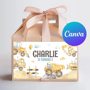 Construction Birthday Gable Box Labels Boy Stop Traffic Close Road Dump Truck Party Favor Box Sticker Digital Printable Editable Template