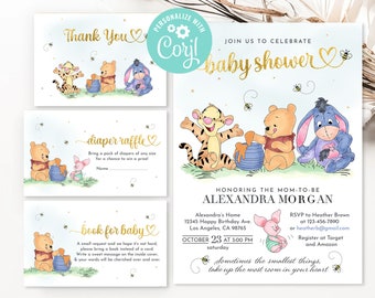 Winnie the Pooh Baby Shower Invitation Piglet Tigger Eeyore Hunny Party Invite Printable Editable Thank You Diaper Raffle Book Request Card