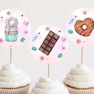 Süße Geburtstag Cupcake Toppers Dekoration Pink Candy Land Süßigkeiten Feier Donut Lollipop Party Decor Printable Digital Instant Download