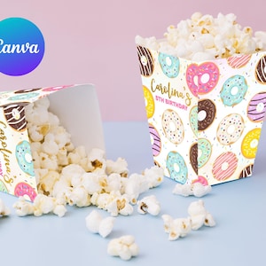 Donut Birthday Popcorn Bags Girl Sweet Celebration Popcorn Box Girl Pink and Gold Party Decor Candy Box Digital Printable Editable Template