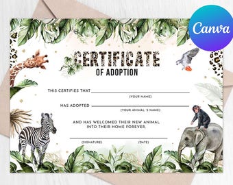 Adopt an Animal Adoption Certificate First Birthday Wild One Jungle Greenery Safari Animals Tiger Party Digital Printable Template
