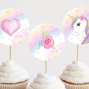 Unicorn Birthday Cupcake Toppers Decoration Girl Gold and Pink Roses Magical Party Stars Decor Printable Digital Instant Download