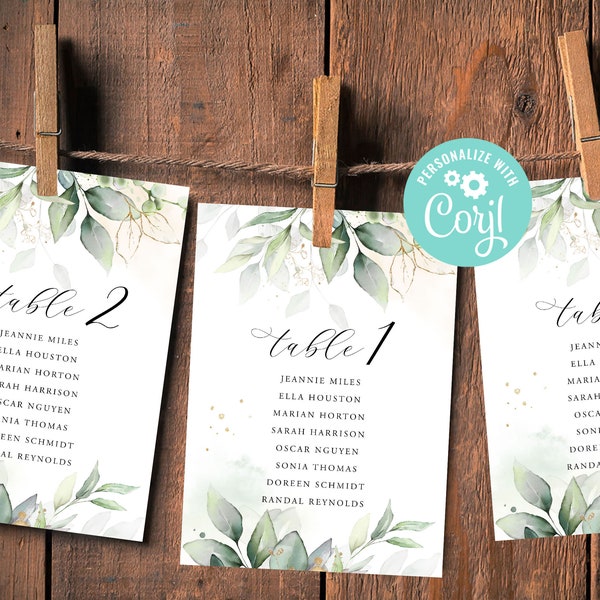 Wedding Seating Chart Card Template Table Number Printable Editable Digital Download or Printed Greenery Gold Eucalyptus Leaves Corjl
