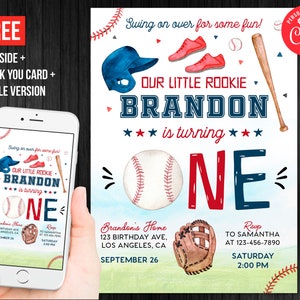 Our Little Rookie is One Invitation First Birthday Thank You Card Baseball Party Invitation Editable Template Digital or Printed Invites