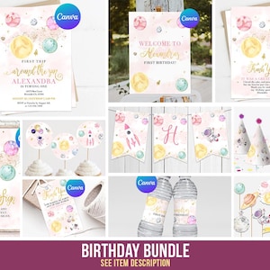Puede incluir: Un paquete de imprimibles para una fiesta de cumpleaños con temática espacial. El paquete incluye un cartel de bienvenida, tarjetas de agradecimiento, un cartel personalizado, adornos para cupcakes, sombreros de fiesta, etiquetas para botellas de agua y una pancarta. Los colores son rosa, azul, dorado y blanco.
