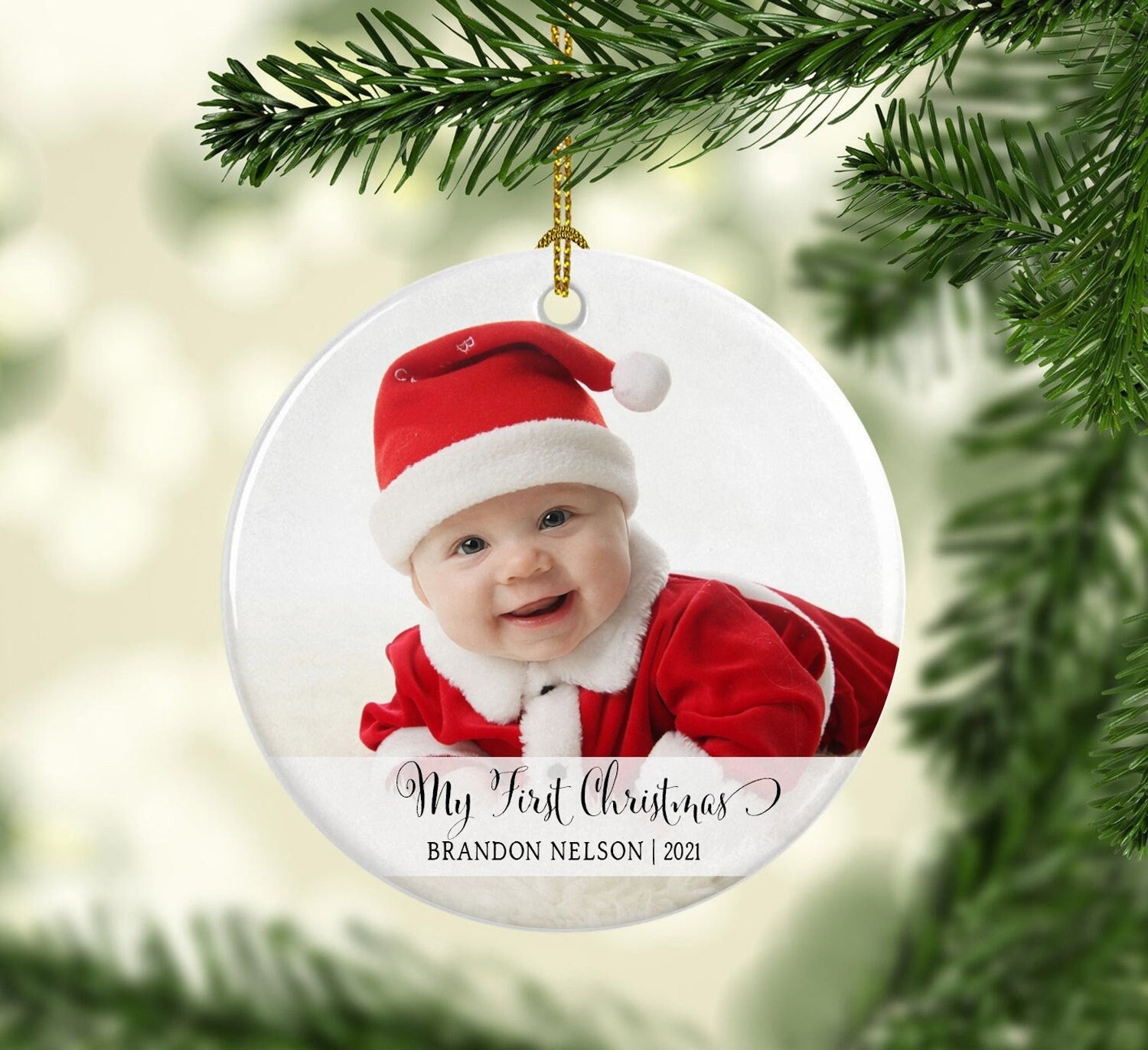 Baby's First Christmas Ornament with Picture Inside Photo Personalized