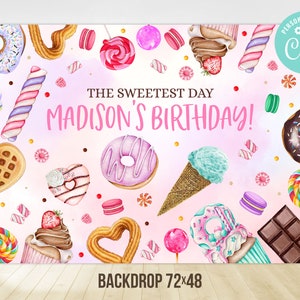 Sweet Birthday Backdrop Pink Candy Land Sweets Celebration Donut Lollipop Party Decoration Printable Editable Template Digital Printable