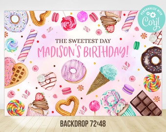 Sweet Birthday Backdrop Pink Candy Land Sweets Celebration Donut Lollipop Party Decoration Printable Editable Template Digital Printable
