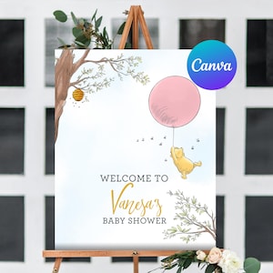 Baby Shower Girl Welcome Sign Classic Winnie the Pooh Decoration Pink Balloon Decor Welcome Outdoor Yard Sign Editable Template Printable