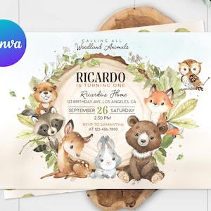 森の動物たち 初めての誕生日招待状 みんなでパーティー 動物たち 招待状 かわいい森の緑 印刷可能 編集可能なテンプレート デジタル印刷