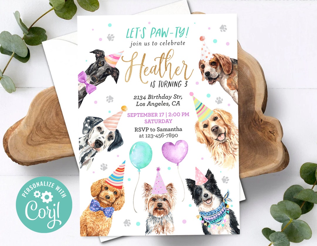 Lets Pawty Birthday Girl Invitation Animal Party Dog Invite Printable ...