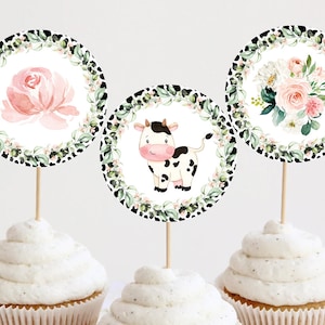 Cow First Birthday Girl Cupcake Toppers Decoration Holy Cow I'm One Pink Floral Greenery Farm Girl Decor Printable Digital Instant Download