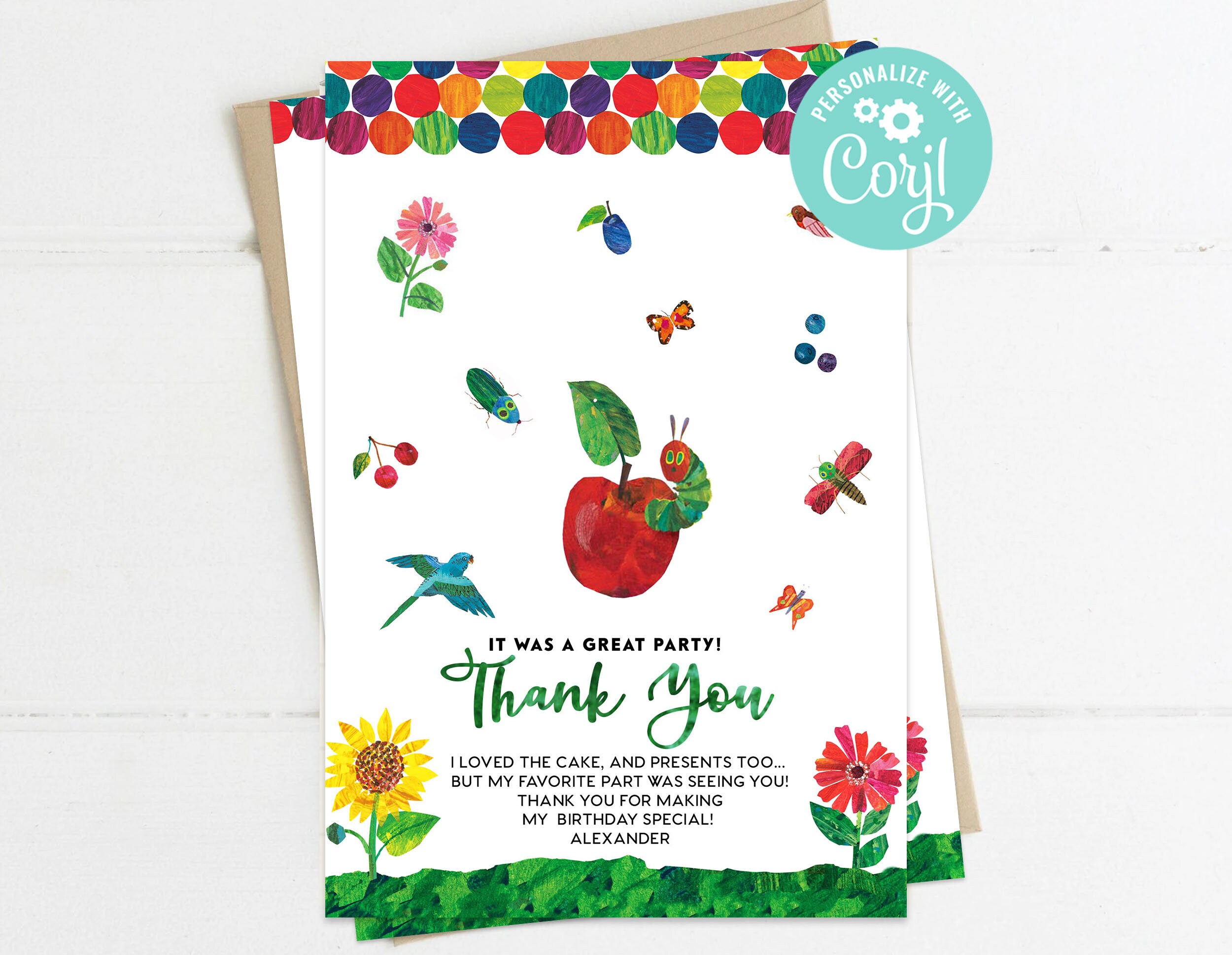 Very Hungry Caterpillar Thank You Card First Birthday Party Etsy