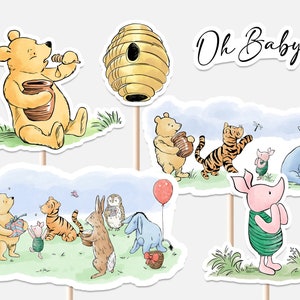 Classic Winnie the Pooh Centerpieces Baby Shower Decoration Tigger Piglet Eeyore Rabbit Owl Decor Cutouts Cake Topper Printable Digital