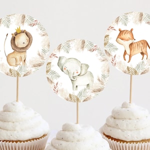 Wild One First Birthday Cupcake Toppers Decoration Boho Safari Animals Party Tiger Rhino Dried Floral Printable Digital Instant Download