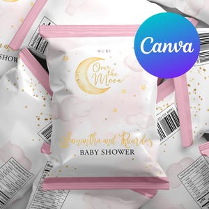 Baby Shower Girl Chip Taschen Wir sind über den Mond Dekoration Aquarell Gold Mond und Sterne Dekor bearbeitbare Vorlage Druckbare Digital