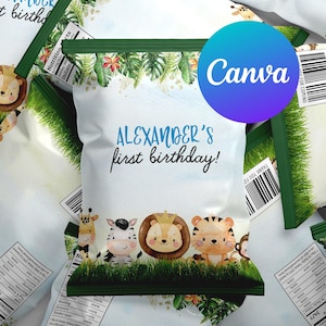 Safari First Birthday Boy Chip Bags Calling All Party Animals Wild Jungle Animals Tiger Digital Printable Editable Template Instant Download